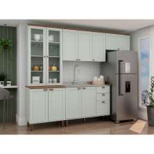 Cozinha Compacta Iluminata com Vidro 10 Portas 3 Gavetas Verde Mint e Ébano
