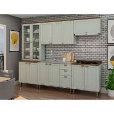Cozinha Compacta Iluminata com Vidro 12 Portas 3 Gavetas Verde Mint e Ébano
