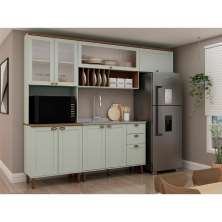 Cozinha Compacta Iluminata com Vidro 8 Portas 3 Gavetas Verde Mint e Ébano