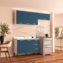 Cozinha Compacta Sem Tampo Amara 6 Portas 3 Gavetas Azul e Branca