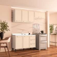 Cozinha Compacta Sem Tampo Amara 6 Portas 3 Gavetas Creme e Branca