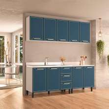 Cozinha Compacta Sem Tampo Amara 9 Portas 3 Gavetas Azul e Branca
