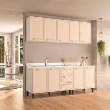 Cozinha Compacta Sem Tampo Amara 9 Portas 3 Gavetas Creme e Branca