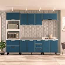 Cozinha Compacta Sem Tampo Amara 9 Portas 5 Gavetas Azul e Branca