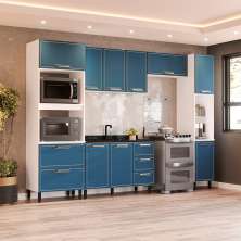 Cozinha Compacta Sem Tampo com Paneleiro Amara 9 Portas 5 Gavetas Azul e Branca