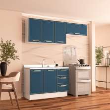 Cozinha Compacta Sem Tampo com Rodapé Amara 6 Portas 3 Gavetas Azul e Branca