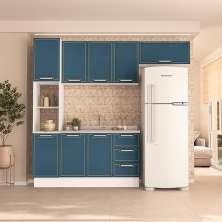 Cozinha Compacta Sem Tampo com Rodapé Amara 8 Portas 3 Gavetas Azul e Branca