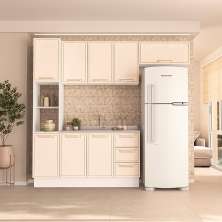 Cozinha Compacta Sem Tampo com Rodapé Amara 8 Portas 3 Gavetas Creme e Branca