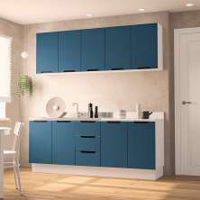Cozinha Compacta Sem Tampo com Rodapé Meena 9 Portas 3 Gavetas Azul e Branca