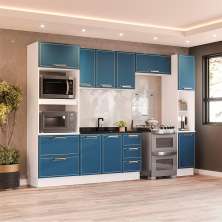 Cozinha Compacta Sem Tampo com Rodapé e Paneleiro Amara 9 Portas 5 Gavetas Azul e Branca