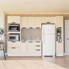 Cozinha Compacta sem Tampo com Rodapé e Paneleiro Meena 9 Portas 5 Gavetas Creme e Branca