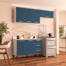 Cozinha Completa com Tampo Amara 6 Portas 3 Gavetas Azul e Branca