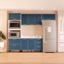 Cozinha Completa com Tampo Amara 7 Portas 5 Gavetas Azul e Branca