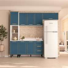 Cozinha Completa com Tampo Amara 8 Portas 3 Gavetas Azul e Branca