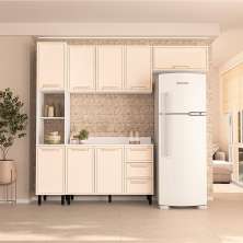 Cozinha Completa com Tampo Amara 8 Portas 3 Gavetas Creme e Branca