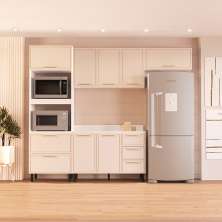 Cozinha Completa com Tampo Amara 8 Portas 4 Gavetas Creme e Branca
