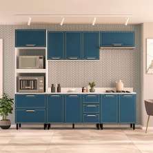 Cozinha Completa com Tampo Amara 9 Portas 5 Gavetas Azul e Branca