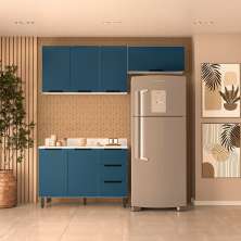 Cozinha Completa com Tampo Meena 6 Portas 3 Gavetas Azul e Branca
