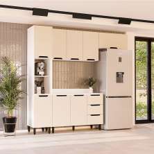 Cozinha Completa com Tampo Meena 8 Portas 3 Gavetas Creme e Branca