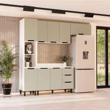 Cozinha Completa com Tampo Meena 8 Portas 3 Gavetas Verde e Branca