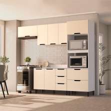 Cozinha Completa com Tampo Meena 8 Portas 4 Gavetas Creme e Branca