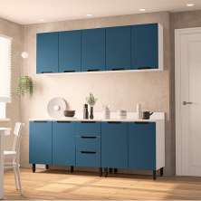 Cozinha Completa com Tampo Meena 9 Portas 3 Gavetas Azul e Branca