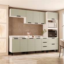 Cozinha Completa com Tampo Meena 9 Portas 5 Gavetas Verde e Branca