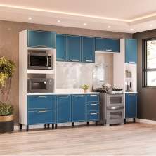 Cozinha Completa com Tampo e Paneleiro Amara 9 Portas 5 Gavetas Azul e Branca