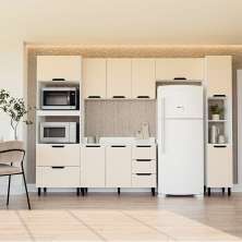 Cozinha Completa com Tampo e Paneleiro Meena 10 Portas 4 Gavetas Creme e Branca