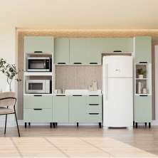 Cozinha Completa com Tampo e Paneleiro Meena 10 Portas 4 Gavetas Verde e Branca
