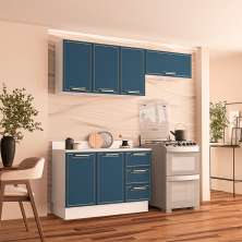 Cozinha Completa com Tampo e Rodapé Amara 6 Portas 3 Gavetas Azul e Branca