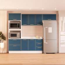 Cozinha Completa com Tampo e Rodapé Amara 7 Portas 5 Gavetas Azul e Branca