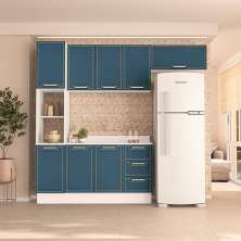 Cozinha Completa com Tampo e Rodapé Amara 8 Portas 3 Gavetas Azul e Branca