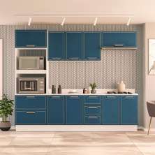 Cozinha Completa com Tampo e Rodapé Amara 9 Portas 5 Gavetas Azul e Branca