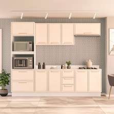 Cozinha Completa com Tampo e Rodapé Amara 9 Portas 5 Gavetas Creme e Branca