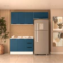 Cozinha Completa com Tampo e Rodapé Meena 6 Portas 3 Gavetas Azul e Branca