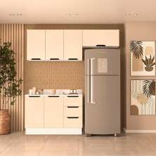 Cozinha Completa com Tampo e Rodapé Meena 6 Portas 3 Gavetas Creme e Branca