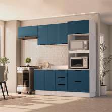 Cozinha Completa com Tampo e Rodapé Meena 7 Portas 5 Gavetas Azul e Branca