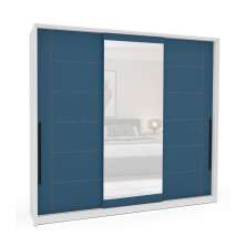 Guarda-Roupa Casal com Espelho Lisboa 3 Portas 4 Gavetas Branco e Azul