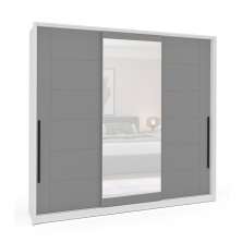 Guarda-Roupa Casal com Espelho Lisboa 3 Portas 4 Gavetas Branco e Cinza