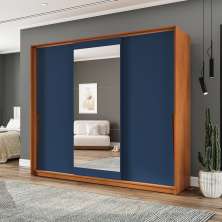 Guarda-Roupa Casal com Espelho Porto 3 Portas 4 Gavetas Freijó e Azul
