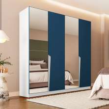 Guarda-Roupa Casal com Espelho Porto 4 Portas 4 Gavetas Branco e Azul