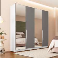 Guarda-Roupa Casal com Espelho Porto 4 Portas 4 Gavetas Branco e Cinza