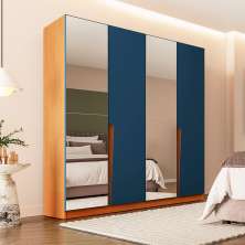 Guarda-Roupa Casal com Espelho Porto 4 Portas 4 Gavetas Freijó e Azul