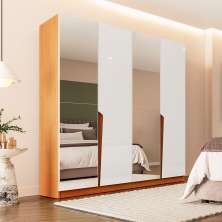 Guarda-Roupa Casal com Espelho Porto 4 Portas 4 Gavetas Freijó e Branco