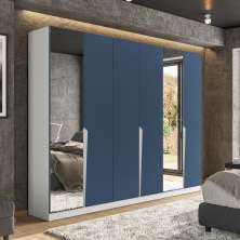 Guarda-Roupa Casal com Espelho Porto 6 Portas 4 Gavetas Branco e Azul