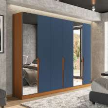 Guarda-Roupa Casal com Espelho Porto 6 Portas 4 Gavetas Freijó e Azul