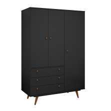Guarda-Roupa Solteiro Retrô 3 Portas 3 Gavetas Preto