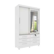 Guarda-Roupa Solteiro com Espelho Chicago com Pés 2 Portas 6 Gavetas Neve