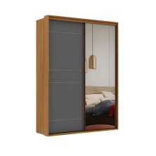 Guarda-Roupa Solteiro com Espelho Qualitá 100% MDF 2 Portas 3 Gavetas Freijó e Titânio
